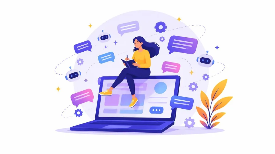 Illustration of a woman calmly writing in a notebook while sitting on a giant laptop, surrounded by floating chat bubbles and robot icons.