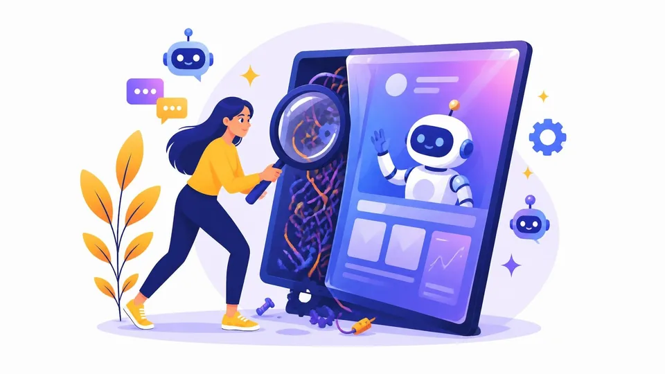 Illustration of a woman using a giant magnifying glass to see the tangled wires hidden behind a shiny AI demo screen.