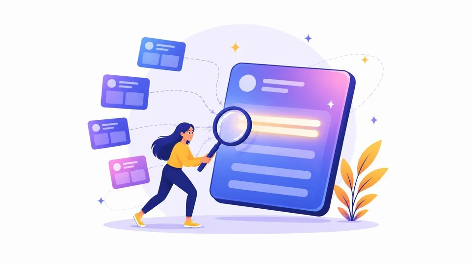 Illustration of a woman holding a magnifying glass to a giant AI answer card as website cards flow into it and become highlighted lines.