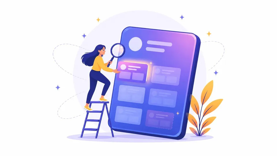 Illustration of a woman on a stepladder with a magnifying glass, placing a bright new tile onto a giant business profile card among dimmer ones.