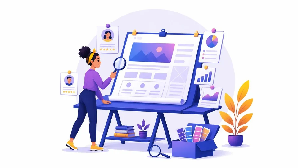 Illustration of a woman studying a giant website blueprint surrounded by pinned research notes, with a box of paint swatches set aside at her feet.