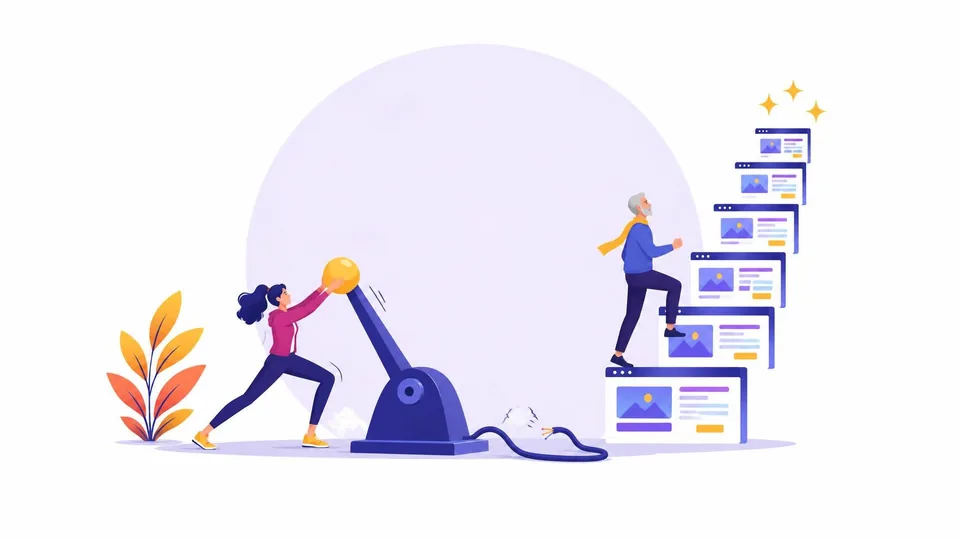 Illustration of a woman pulling a giant lever that is unplugged and does nothing, while across from her a man calmly climbs a staircase made of website pages.