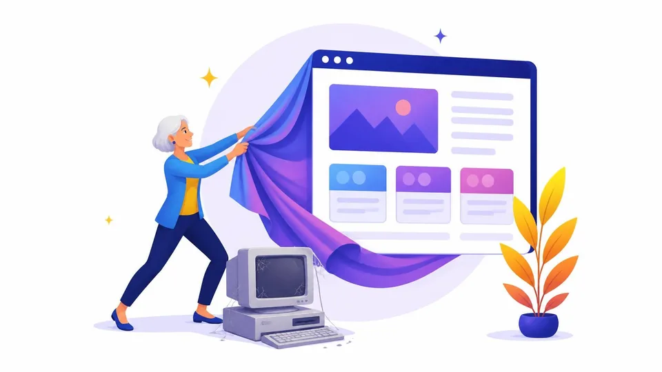 Illustration of a woman unveiling a giant modern website, with an old dusty computer monitor at her feet.